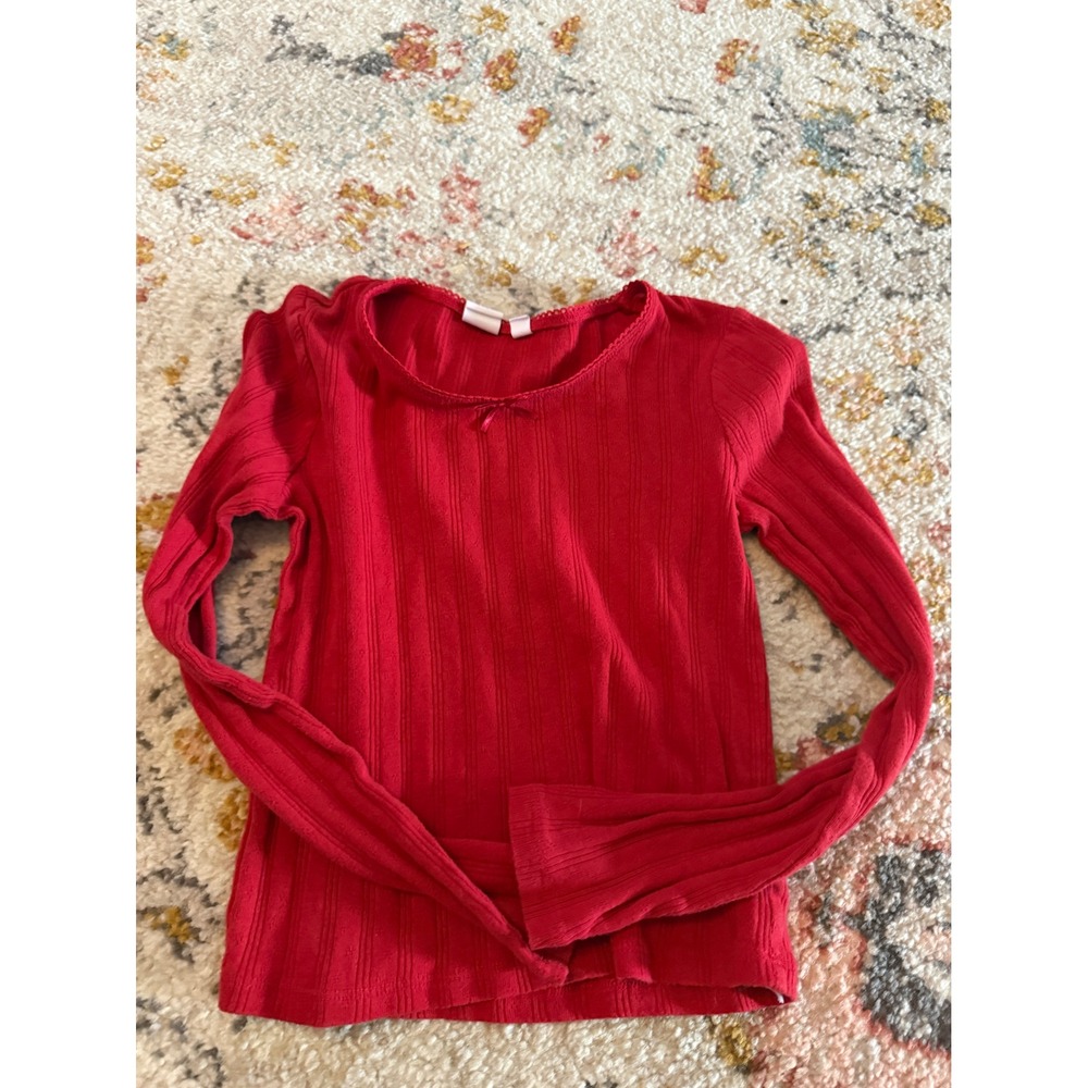 Gap Kids Girls Red Ribbed Long Sleeve Top Scalloped Neck Bow Accent Size L 10